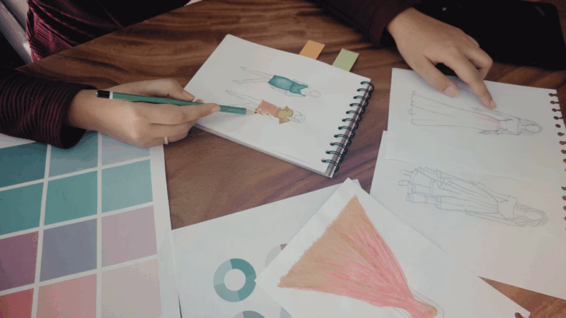 A person sketching fashion designs in a notebook surrounded by colour swatches and other fashion illustrations on paper.