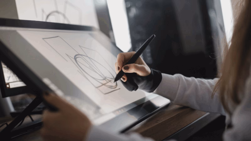 A person using a stylus to draw geometric shapes on a digital drawing tablet at a desk.