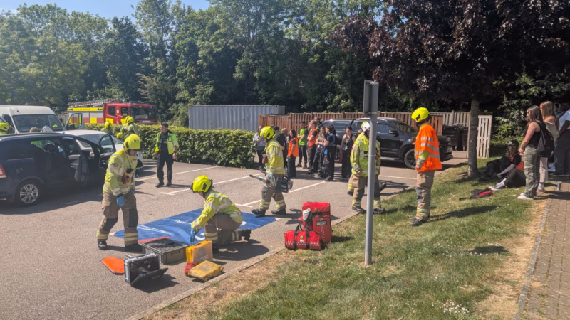 Members of the emergency services and students from MK College taking part in a major incident training exercise at the College's Bletchley campus.