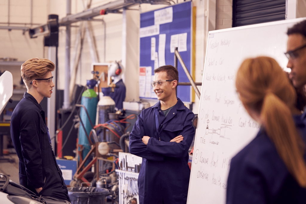 A group of people standing around a white board