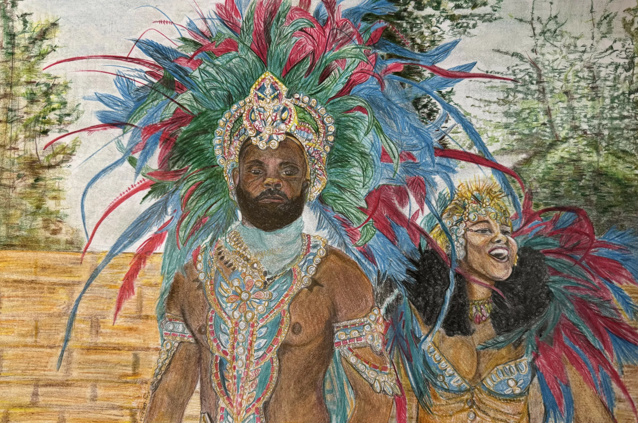 A painting of a performer wearing a colorful and detailed carnival outfit.