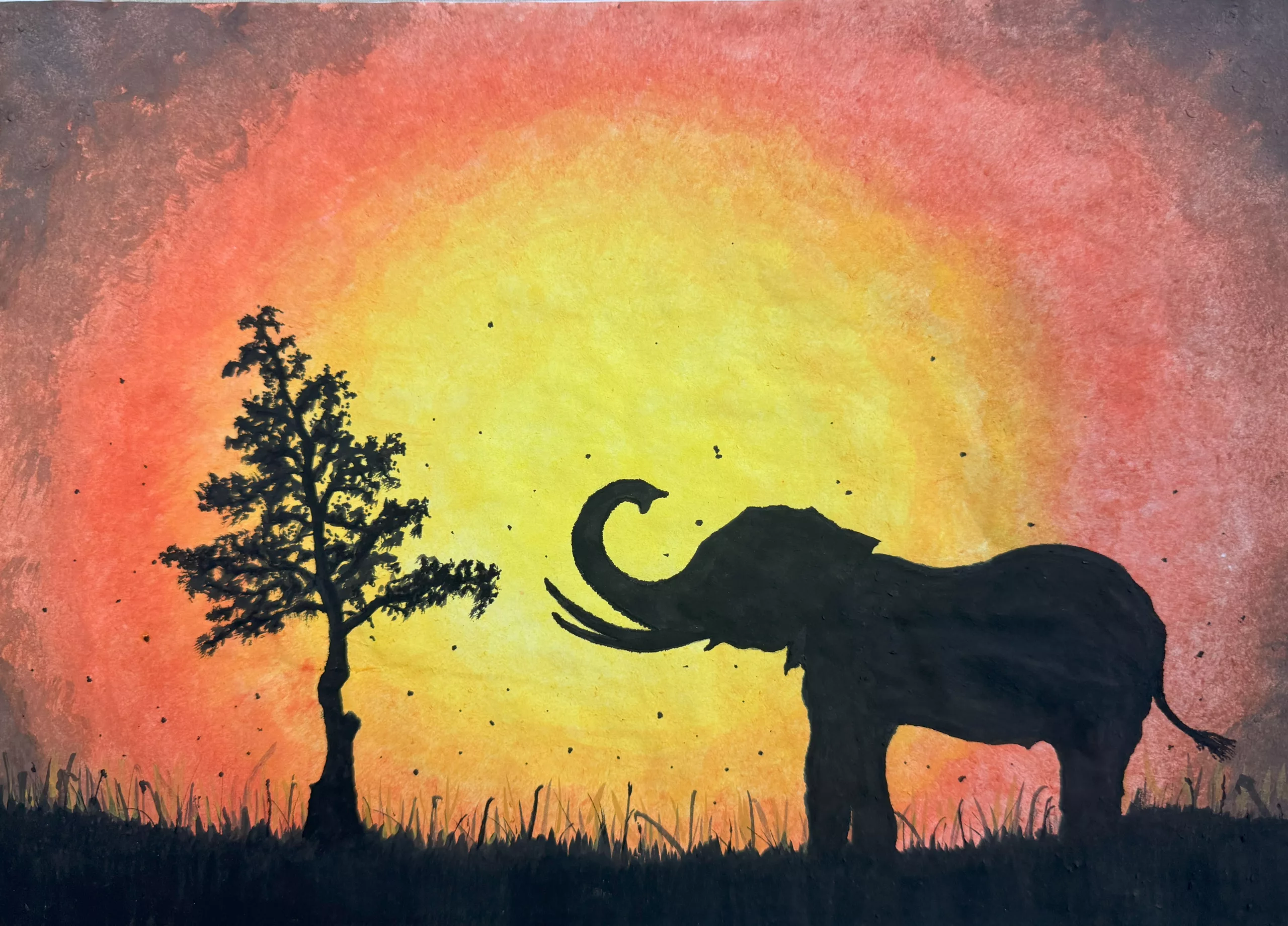 Sunset painting of an elephant and tree