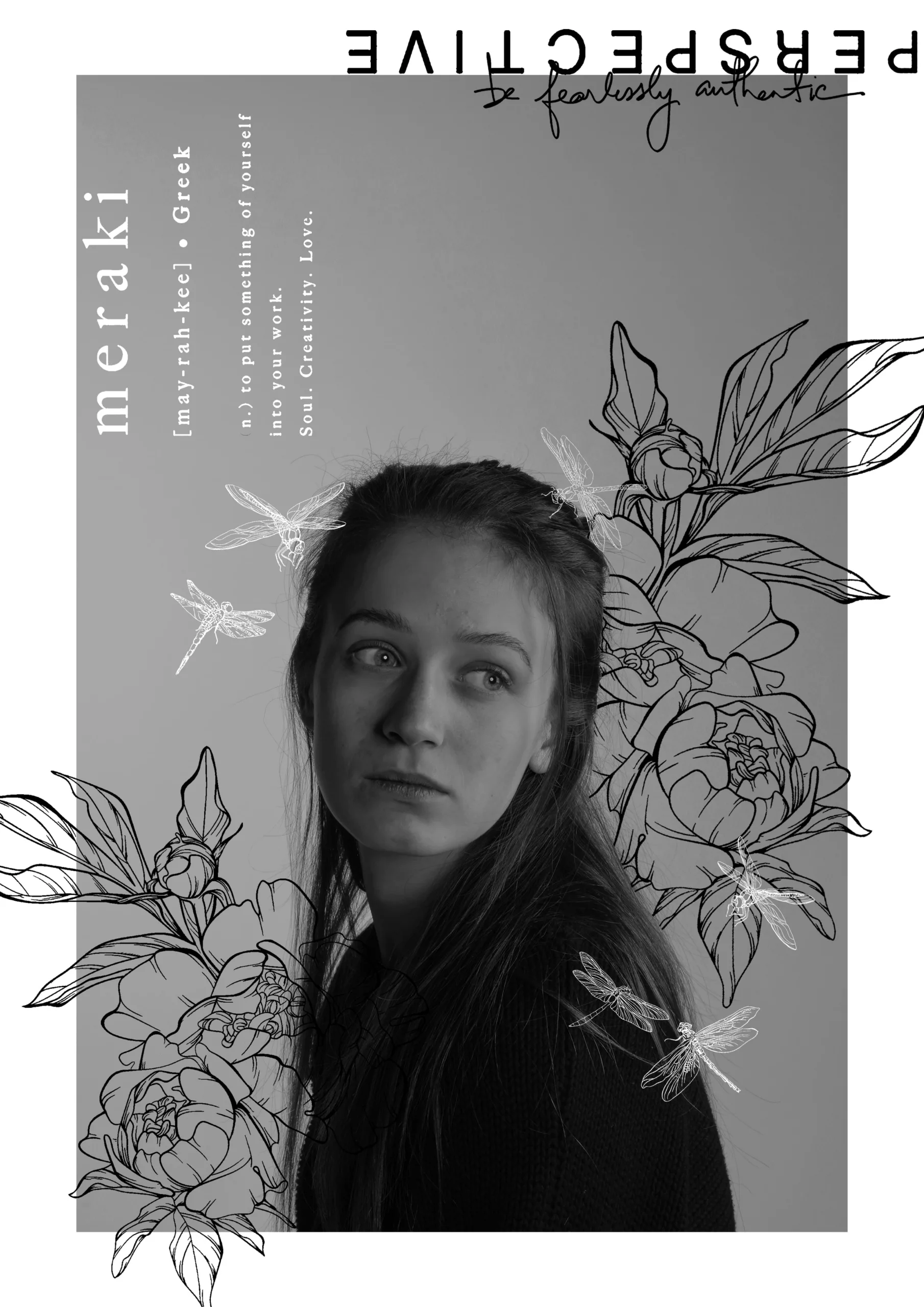 Student with floral clipart around her, int he style of a magazine cover