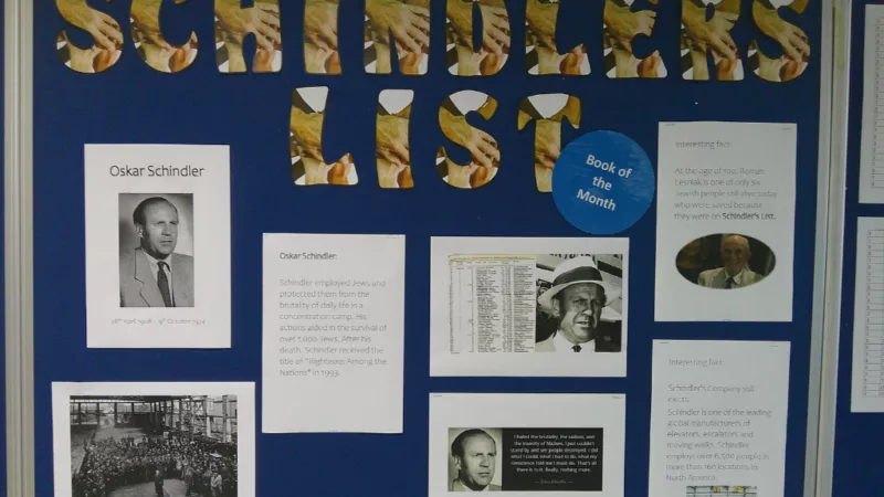 A bulletin board dedicated to Schindler’s List with historical information.